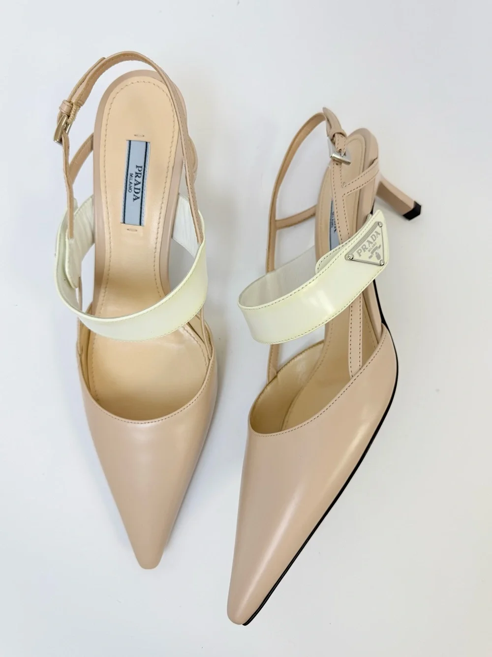 Prada Triangle Logo Mary Jane Slingback Nude Ivory Leather Heel pumps EU 38.5
